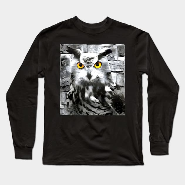 Owl Black and White Spray Paint Wall Long Sleeve T-Shirt by Nuletto